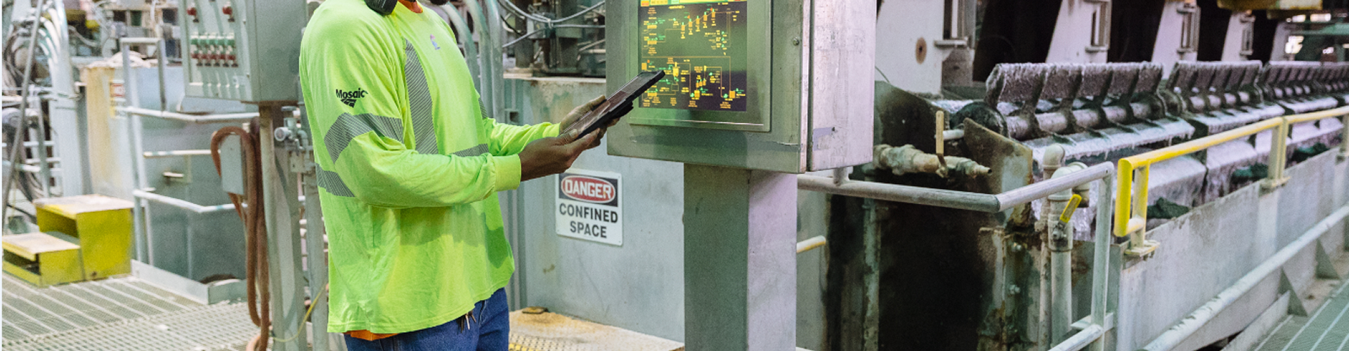 Close-up of process equipment being serviced at a Mosaic site.
